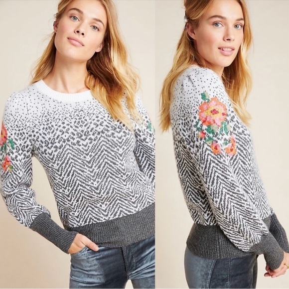 By Anthropologie Karolina Sweater Size LP Ivory Gray Floral Wool Jacquard Petite - Picture 1 of 16